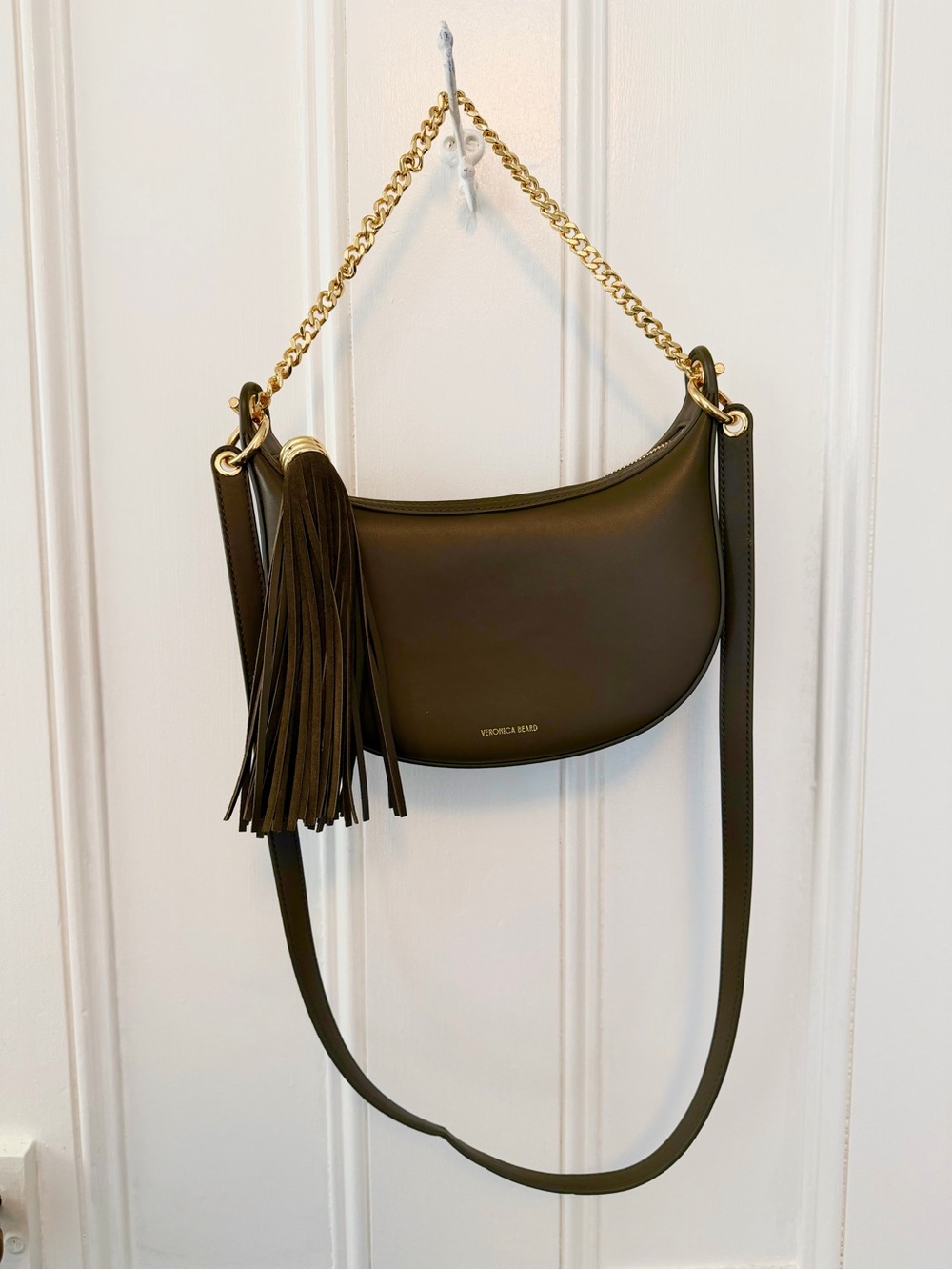 Veronica Beard Olive Leather Shoulder Bag with Gold Chain and Tassel